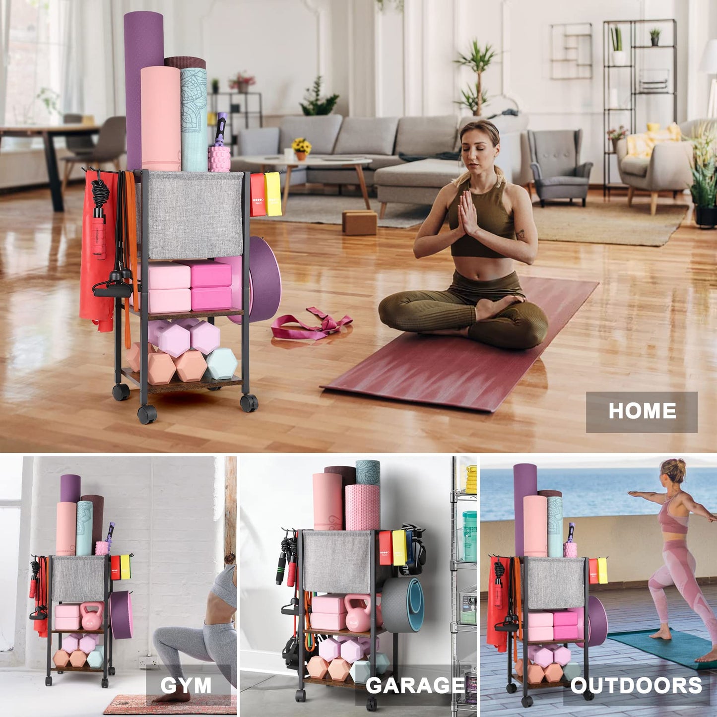 Yoga Mat Storage Rack Home Gym Equipment Workout Equipment Storage Organizer Yoga Mat Holder for Yoga Block,Foam Roller,Resistance