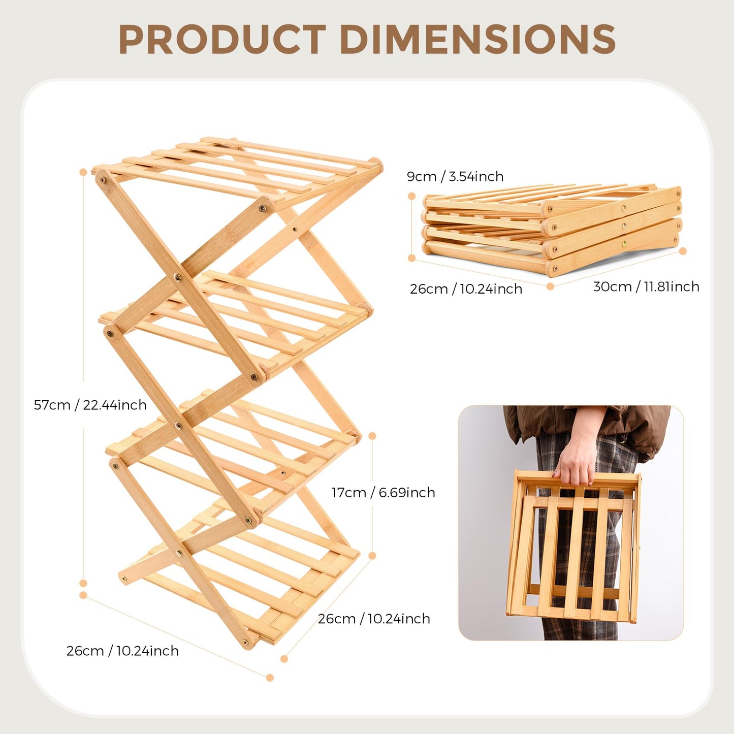 Hafuvool 4 Tier Bamboo Foldable Shoe Rack Small, Easy Assembly Vertical Folding Wooden Shoe Racks Storage For Narrow Space, Shoe Shelf For Corridors