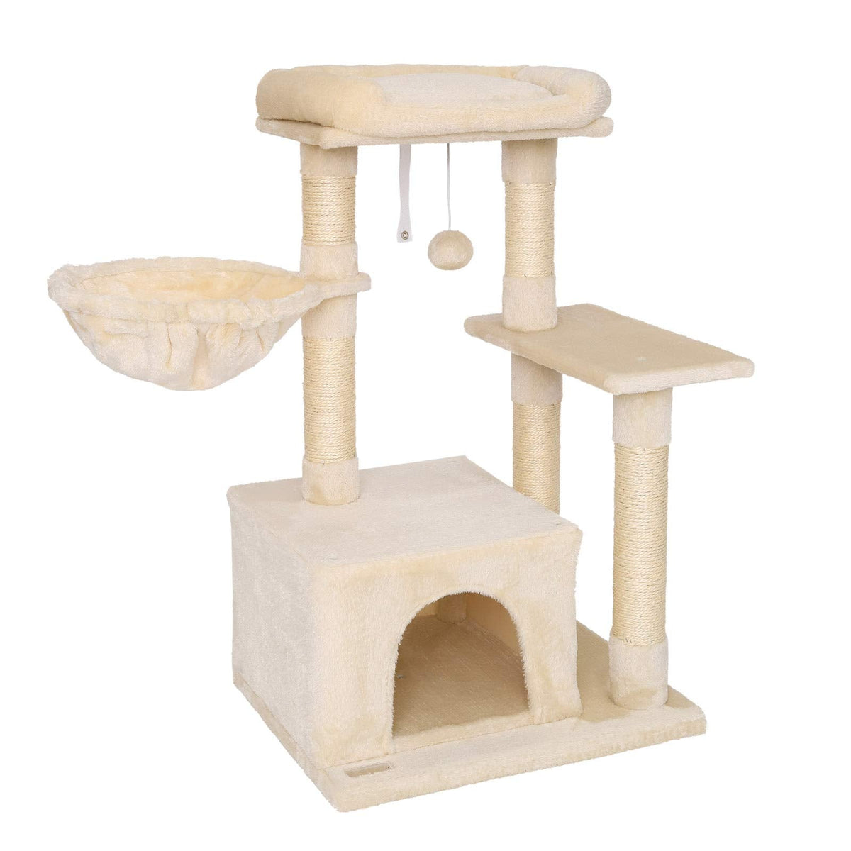 lionto Cat Scratching Post with Plush Ball and Lounger Height 85 cm Cat Tree with Sisal & Plush, Cosy Lying Surface & Cave, Includes Wall Bracket,
