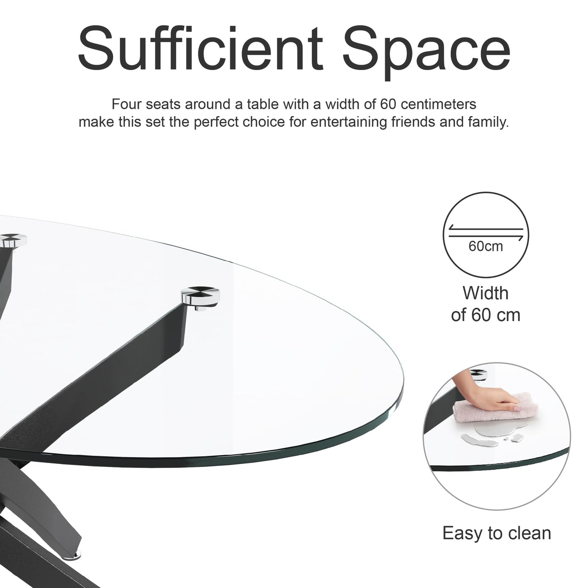 NIERN Glass Coffee Table Oval with Black Metal Legs, 100cm Glass Top, Modern Contemporary Design (Black)