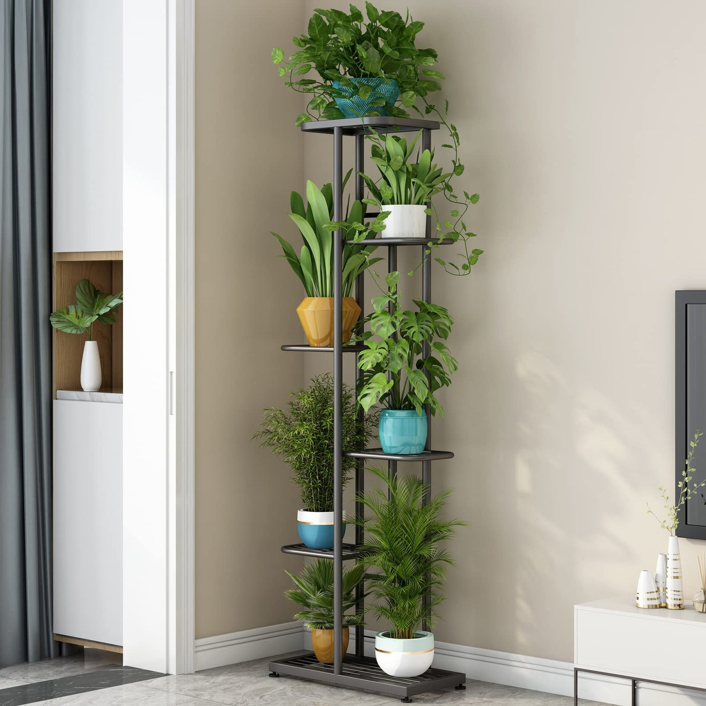 LINZINAR Metal 6 Tier 7 Potted Plant Stand Indoor Outdoor, Dark Grey