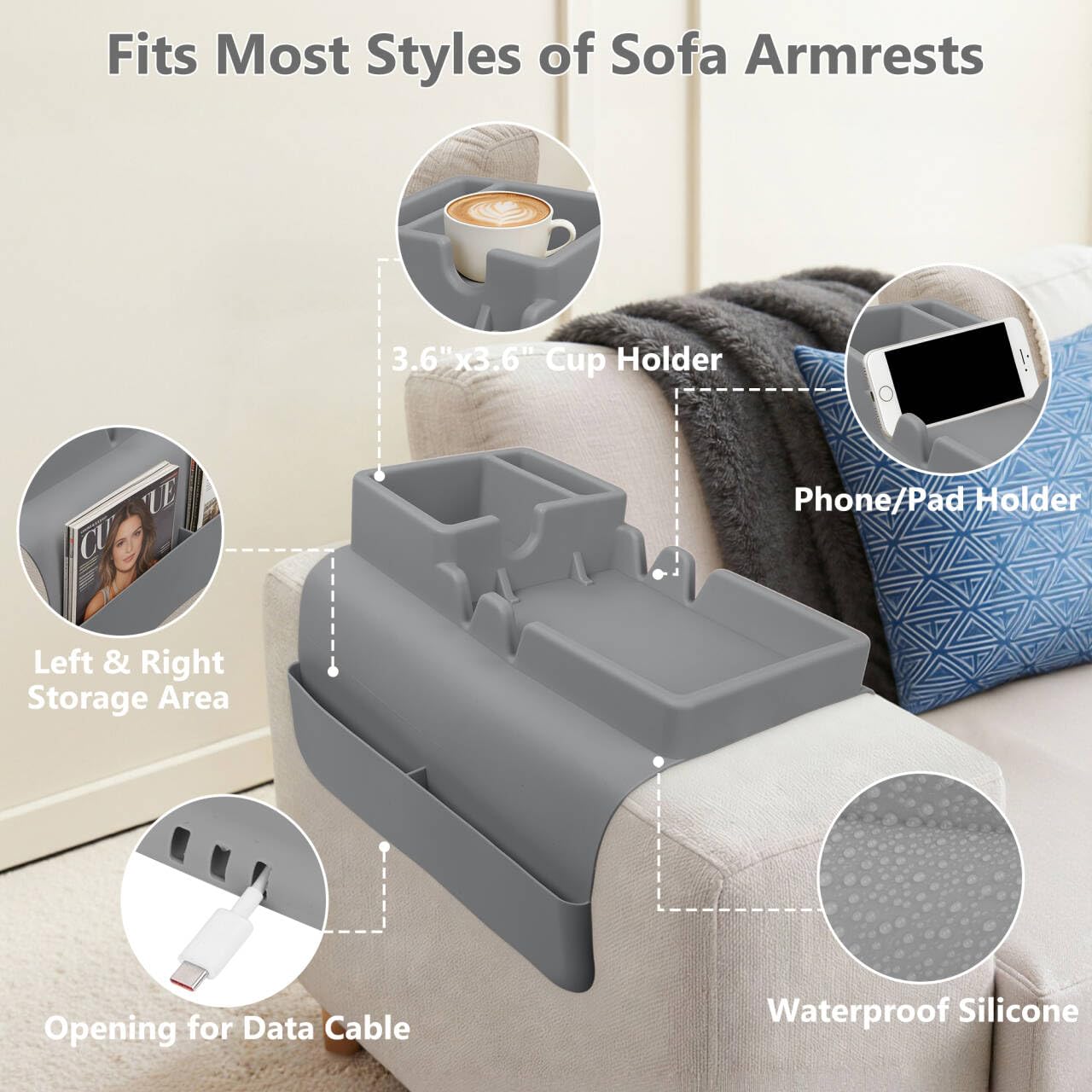 Silicone Sofa Arm Tray, Couch Cup Holder Tray, Sofa Armrest Organizer