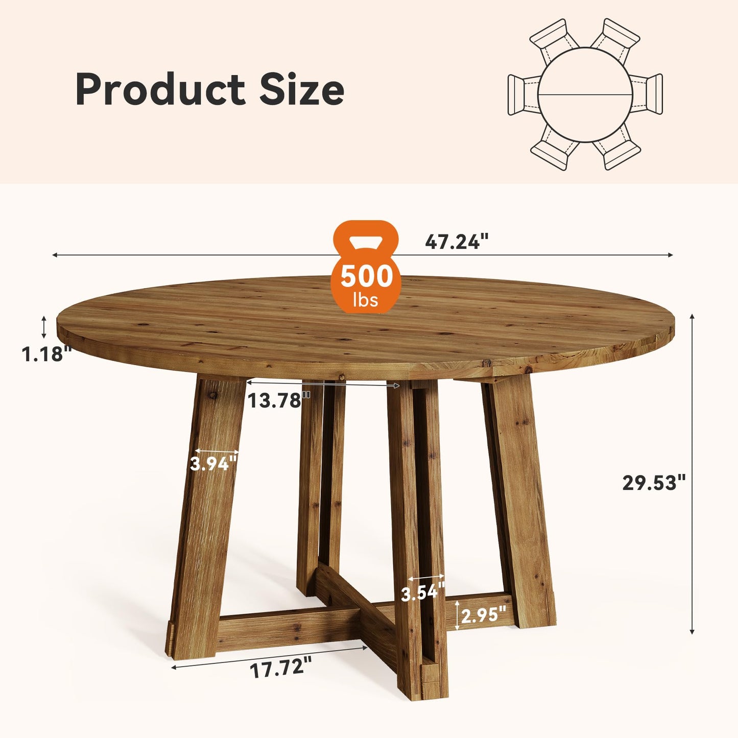 TRIBEWOOD Farmhouse 47.3'' Solid Wood Round Dining Table for 4-6, Cross Base Kitchen Table, Rustic Wooden Dining Room Table