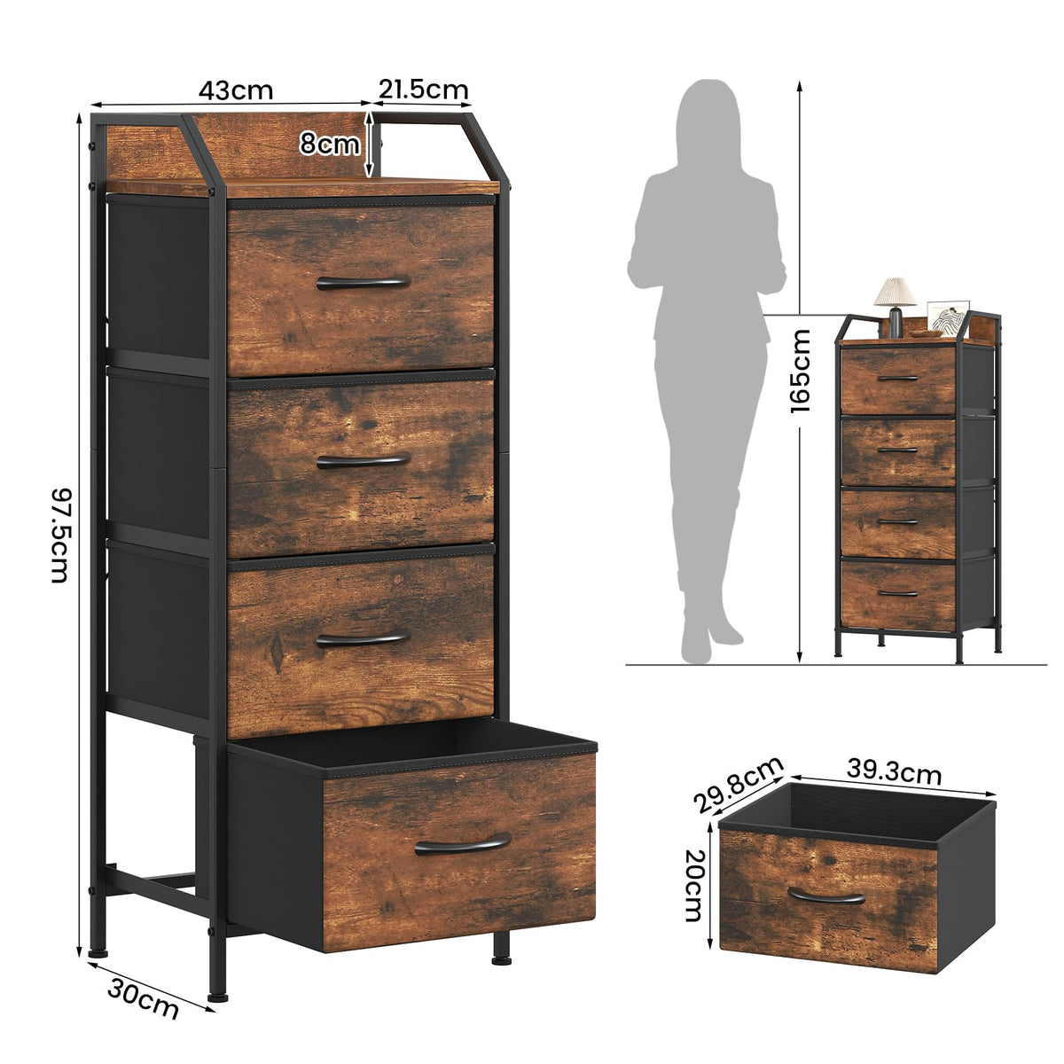 Feonase 4-Drawer Chest of Drawers with Metal Frame & Top Back Panel – Modern Fabric Storage Cabinet for Bedroom, Living Room, Small Spaces