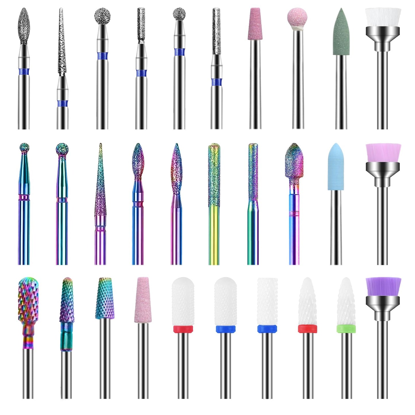 HEYMKGO Nail Drill Bits Sets - 30 pcs Electric Nail Drill Bits Kit 3/32" Ceramics/Tungsten Carbide Diamond Metal Nail Bits for Home Salon Acrylic Gel