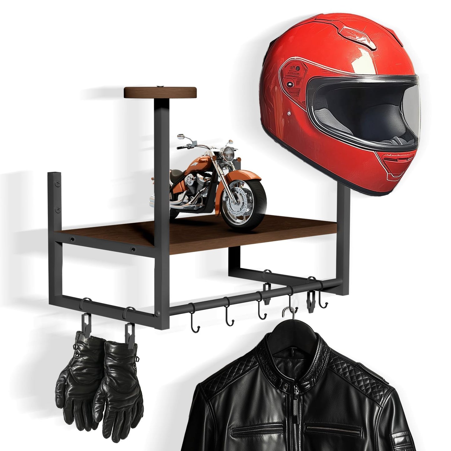Motorcycle Helmet Holder Wall Mount, Retro Helmet Rack with Wooden Board