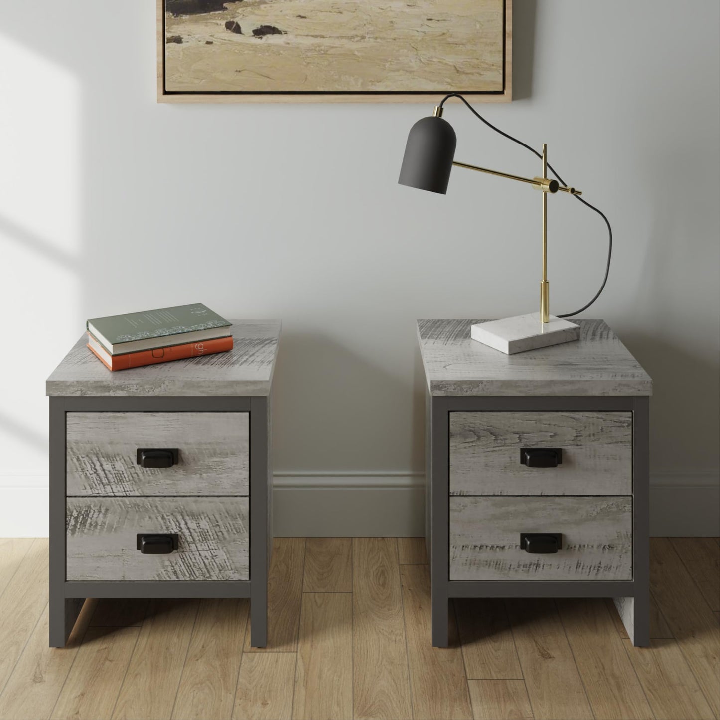 GFW Boston Pair of 2 Drawer Bedside Tables, Grey Wood Effect Bedside Cabinets, Industrial Style Nightstands with Storage Drawers