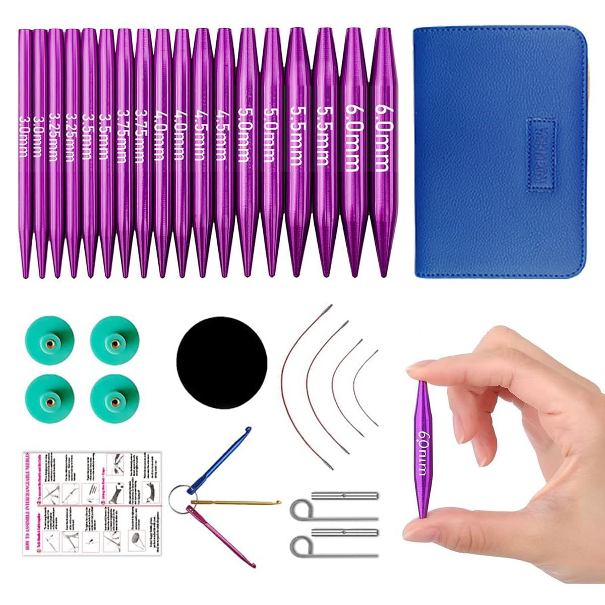 Knitiss Interchangeable Circular Knitting Needles Set, 9 Pairs of 5cm Short Knitting Needles from 3.0~6.0mm, Interchangeable Needles with 4 Cables,
