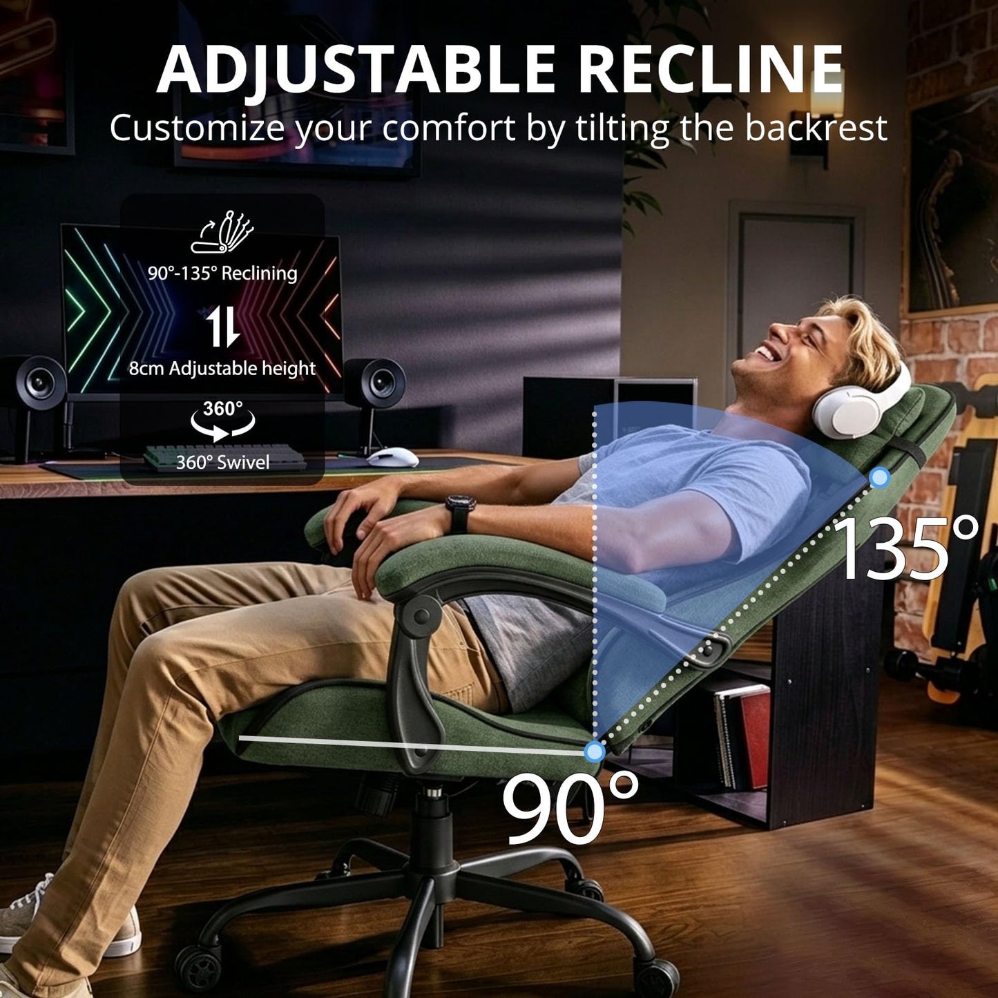 WUPY Gaming Chair, Fabric Computer Chair with Thick Cushion, Green Grey