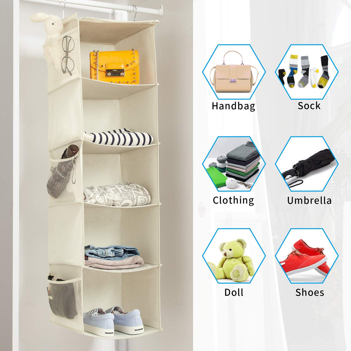 BrilliantJo Hanging Storage with 5 Shelves Wardrobe Closet Organiser, Storage Shelves Unit with 6 Pockets for Clothes - Beige(30 x 30 x 108cm)