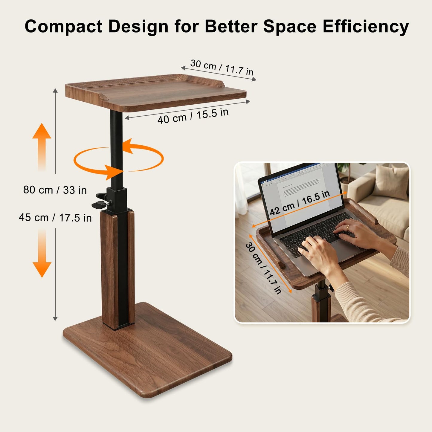 Bingyouth C Shaped Side Table for Sofa, Height Adjustable 45-80 cm Walnut Sofa Table with Raised Tray Edges, End Table for Living Room