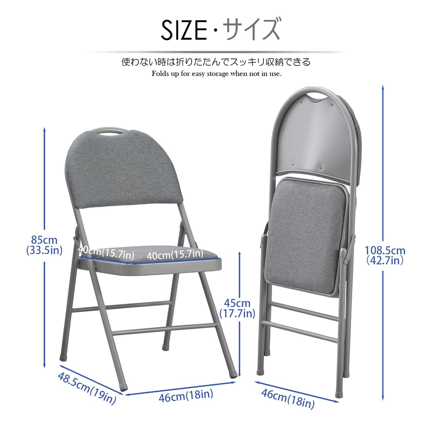KAIHAOWIN Metal Folding Chairs Set of 2 Padded Foldable Comfortable Chairs with Extended Backrest and Handle Hole for Indoor Easy to Carry-Gray