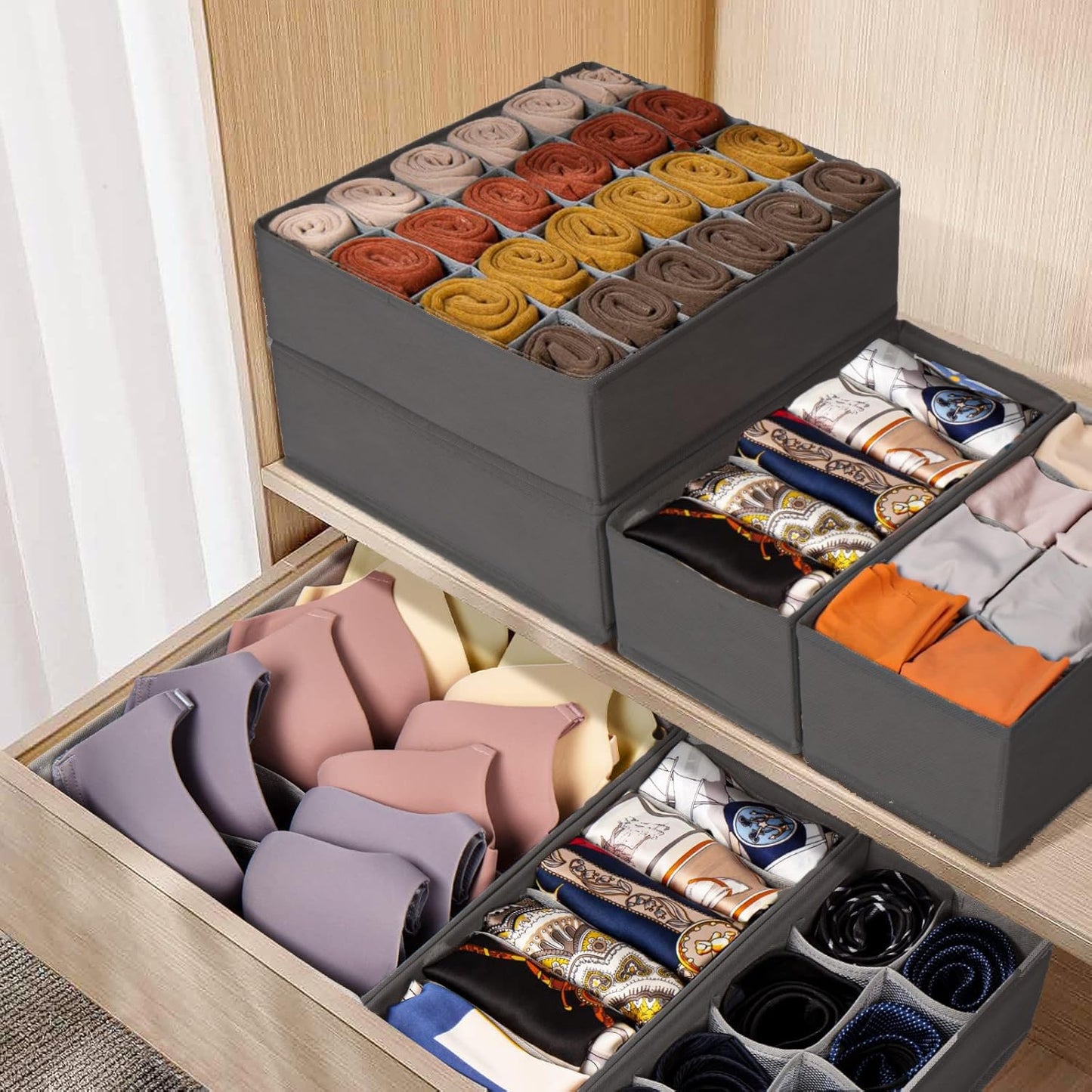 SabMak Underwear Drawer Organiser Divider – Bedroom Storage Boxes for Bras, Underwear, Socks, Ties, Baby Cloths, Wardrobe Clothes Organiser (set of 6)
