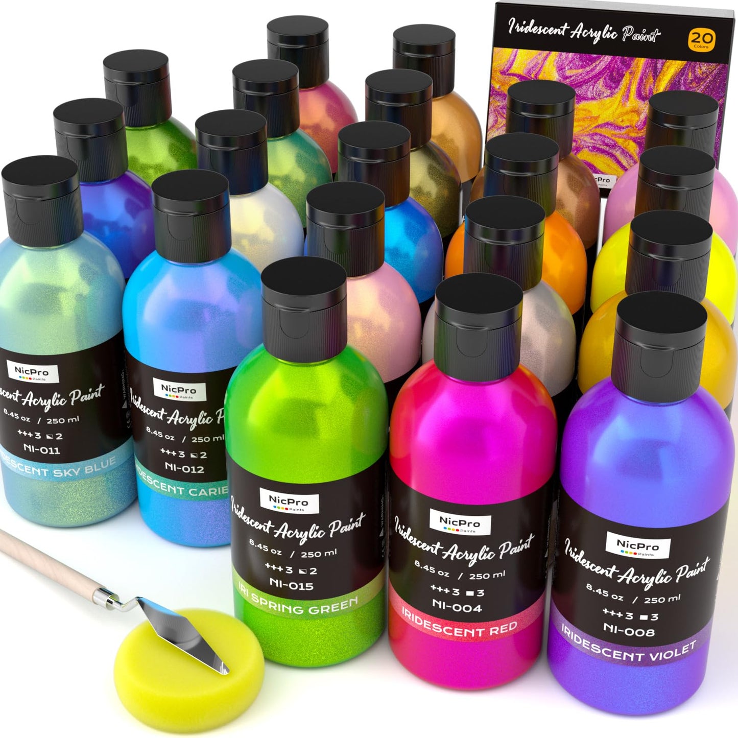 Nicpro 20 Colors Iridescent Acrylic Paint, 8.45oz / 250ml Large Bulk Metallic Acrylic Paint,Color Shifting & Non-Toxic Art Painting Supplies For