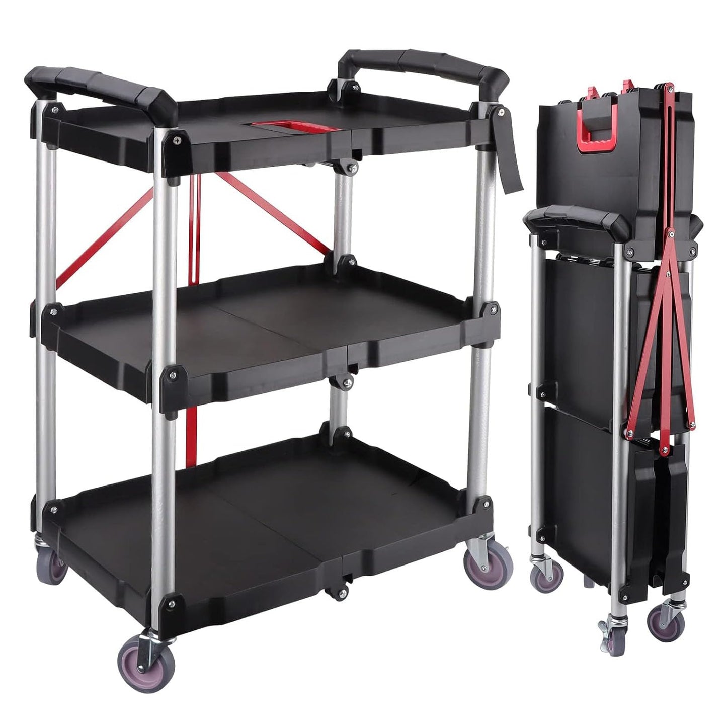 uyoyous 3-Tier Service Carts Folding Rolling Utility Cart Heavy Duty Metal Frame Tool Cart with Lockable Silent Wheels Supports Up to 200 lbs for