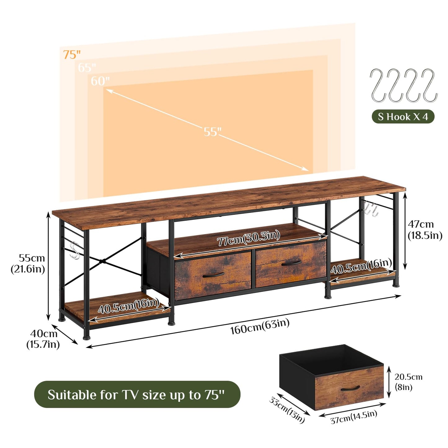 KZOBYD TV Stand Cabinet for TV Up to 70 Inch, 160cm TV Console Table, Brown