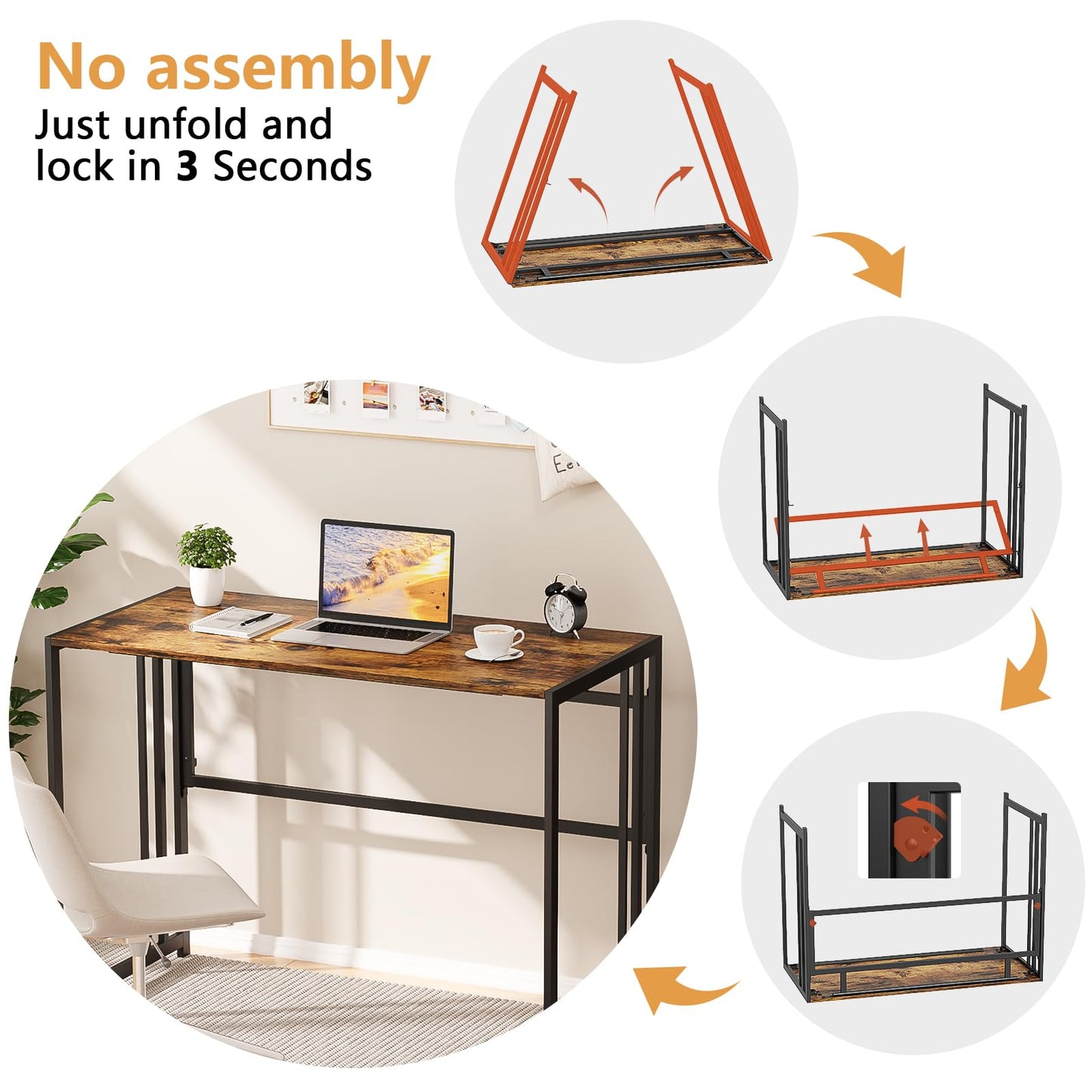 Ulifance Folding Computer Desk for Home Office No-Assembly Writing Desk (Rustic Brown)