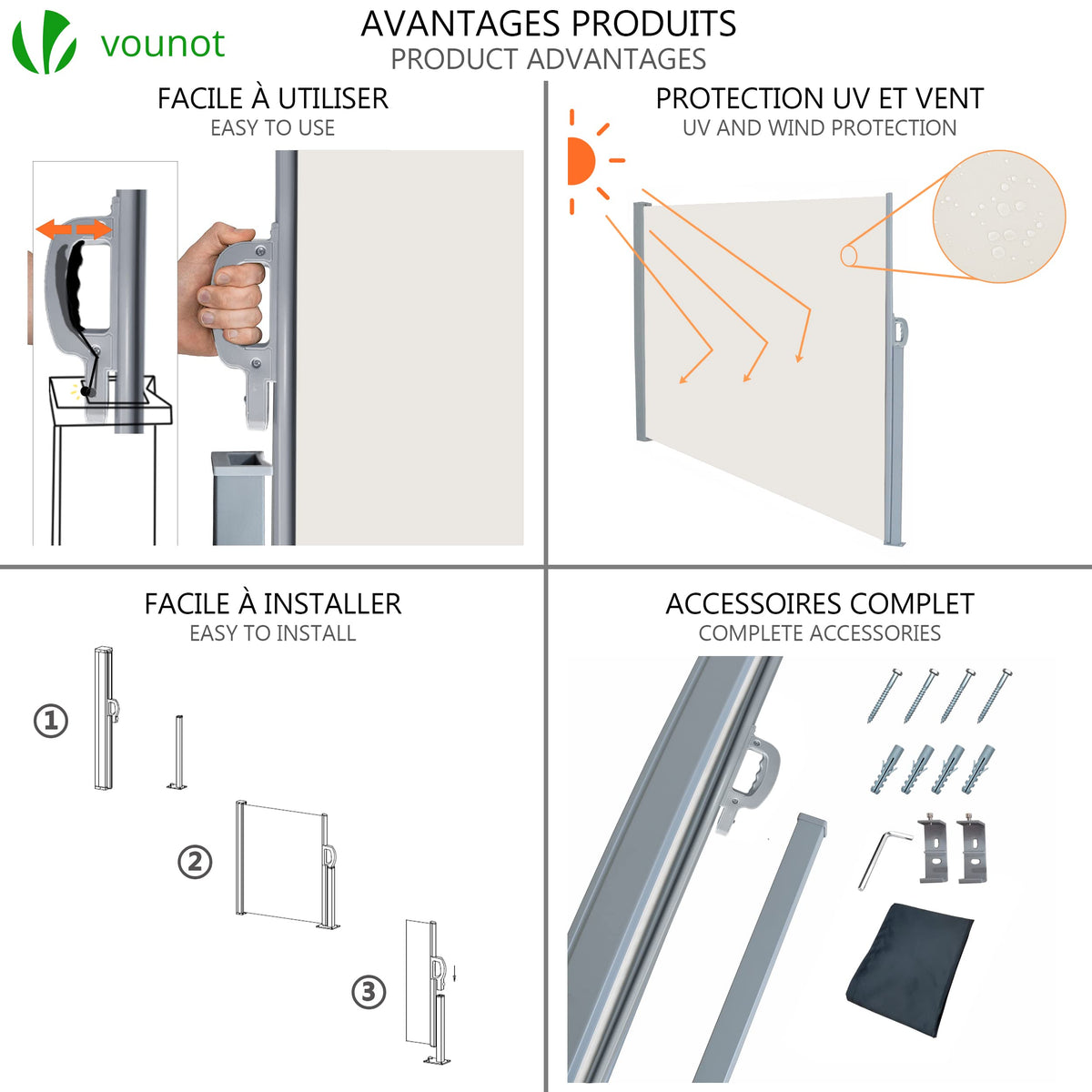 VOUNOT? Side Awning Retractable, Outdoor Privacy Screen for Garden, Balcony, Terrace, 140 x 300 cm, Beige
