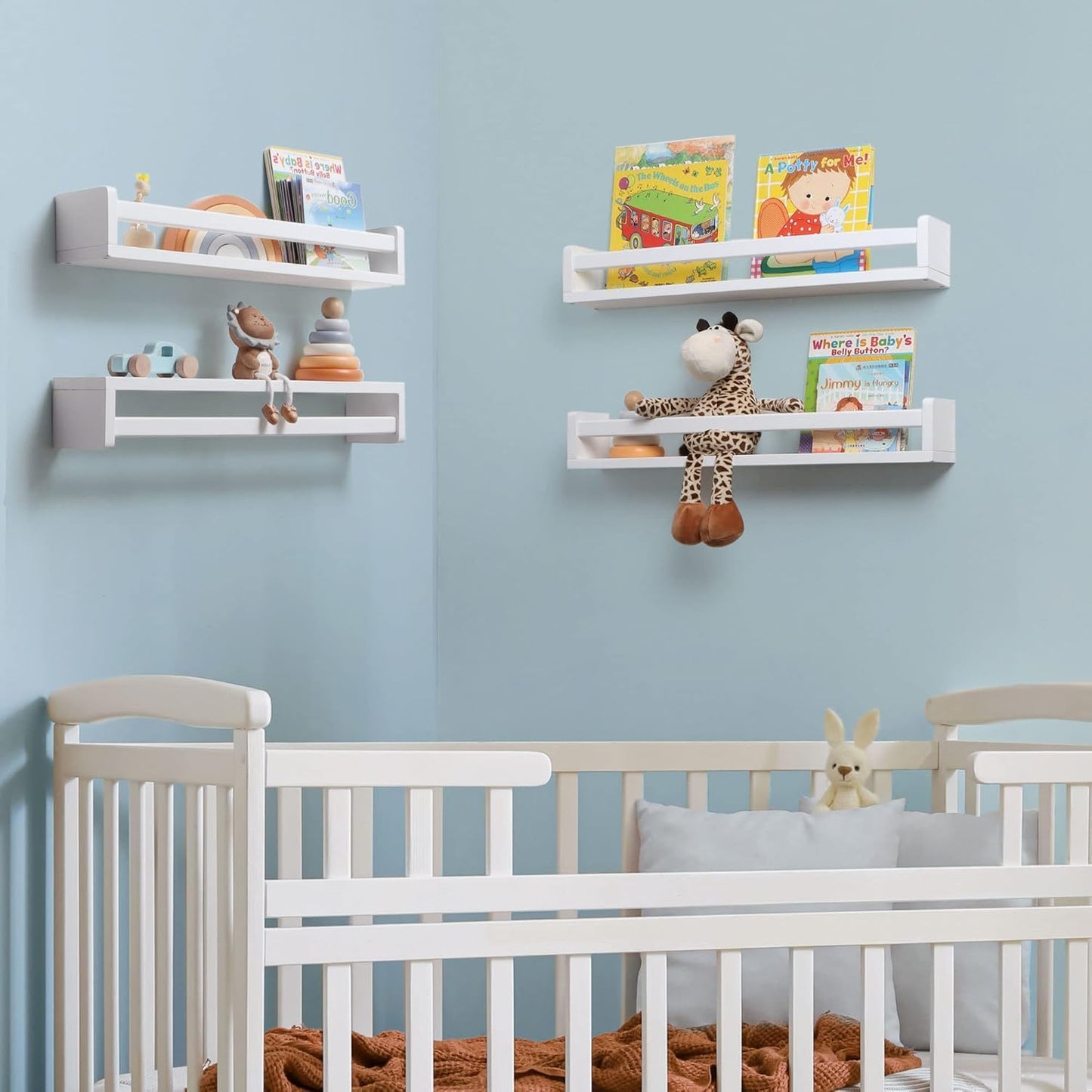 Gieanoo Nursery book shelf, Set of 2 White Floating Shelves Solid Natural Wood 80cm bookshelf kids room Wall Mounted baby floating book shelves decor