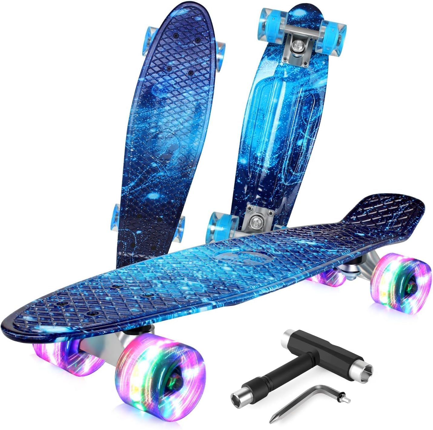 BELEEV 22 inch Skateboards for Kids, Cruiser Skateboard for Girls Boys Teens Adults Beginners, LED Light up Wheels, Mini Skateboards Classic Complete