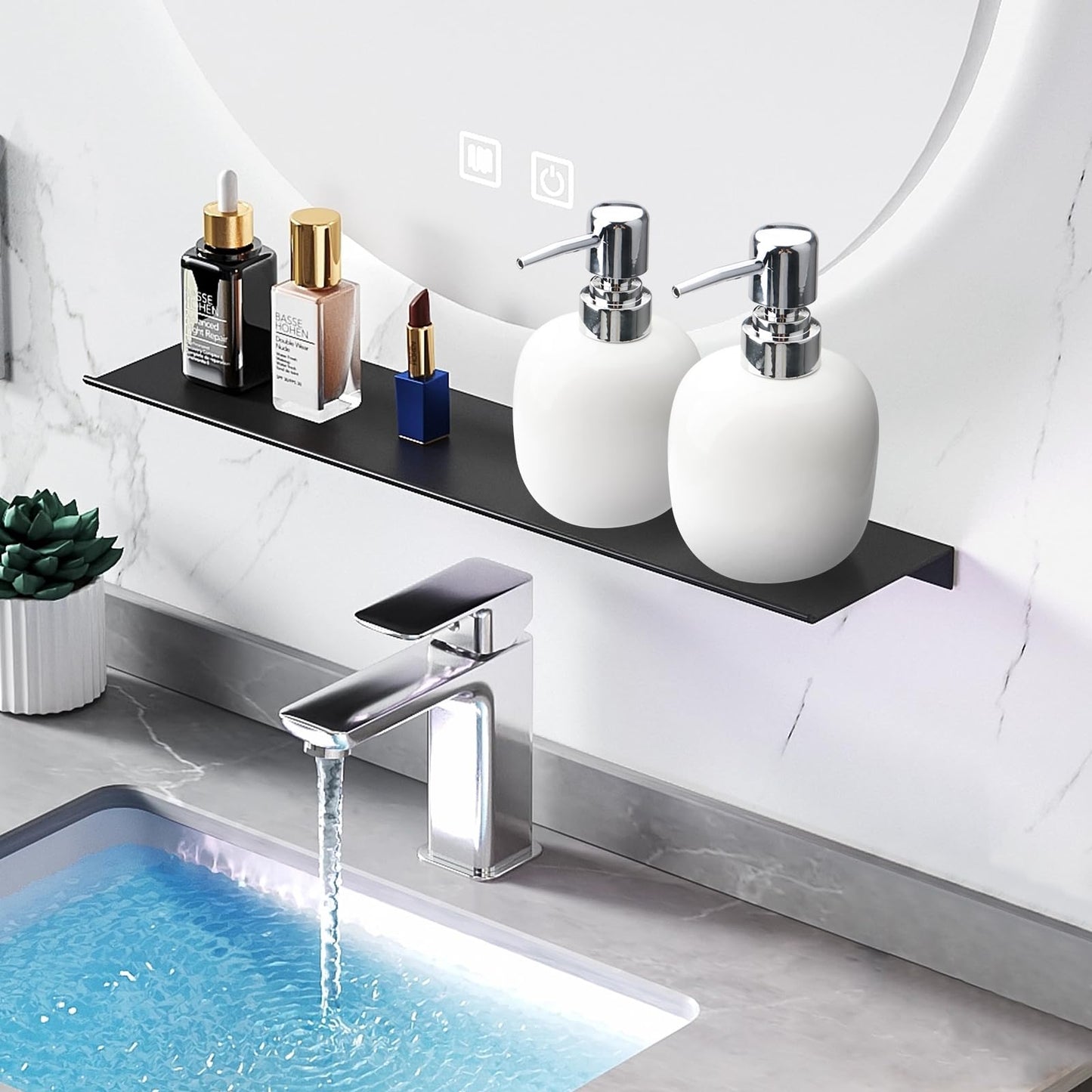 450ml White Oval Ceramic Soap Dispenser, Rustproof Silver Pump Refillable Lotion Bottle, Wide‑Mouth for Liquid Soap Shampoo Dish Soap