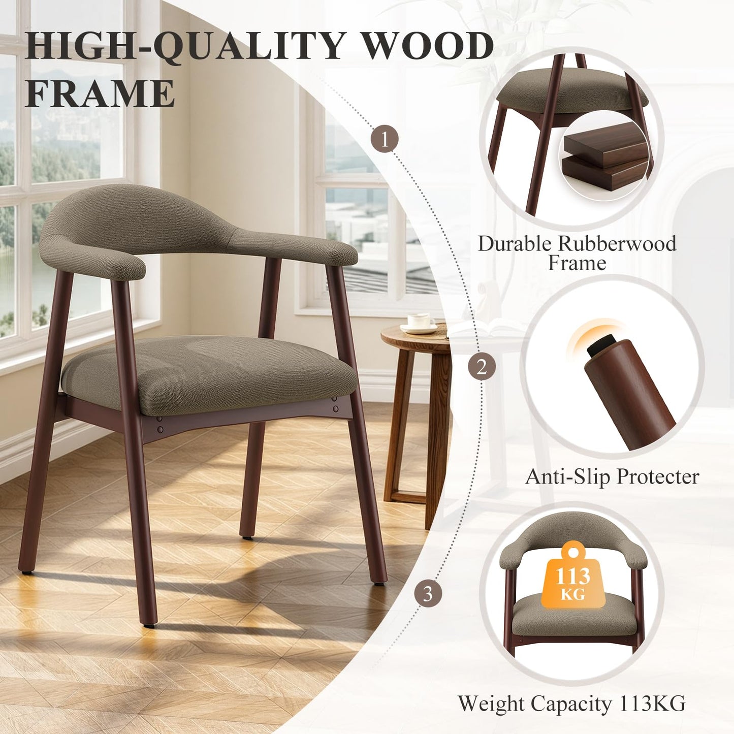 MALOL Wooden Dining Chairs Set of 6, Fabric Chairs for Dining Room with Armrest, Upholstered Kitchen Chairs with Curved Back and Wood Legs for Dining