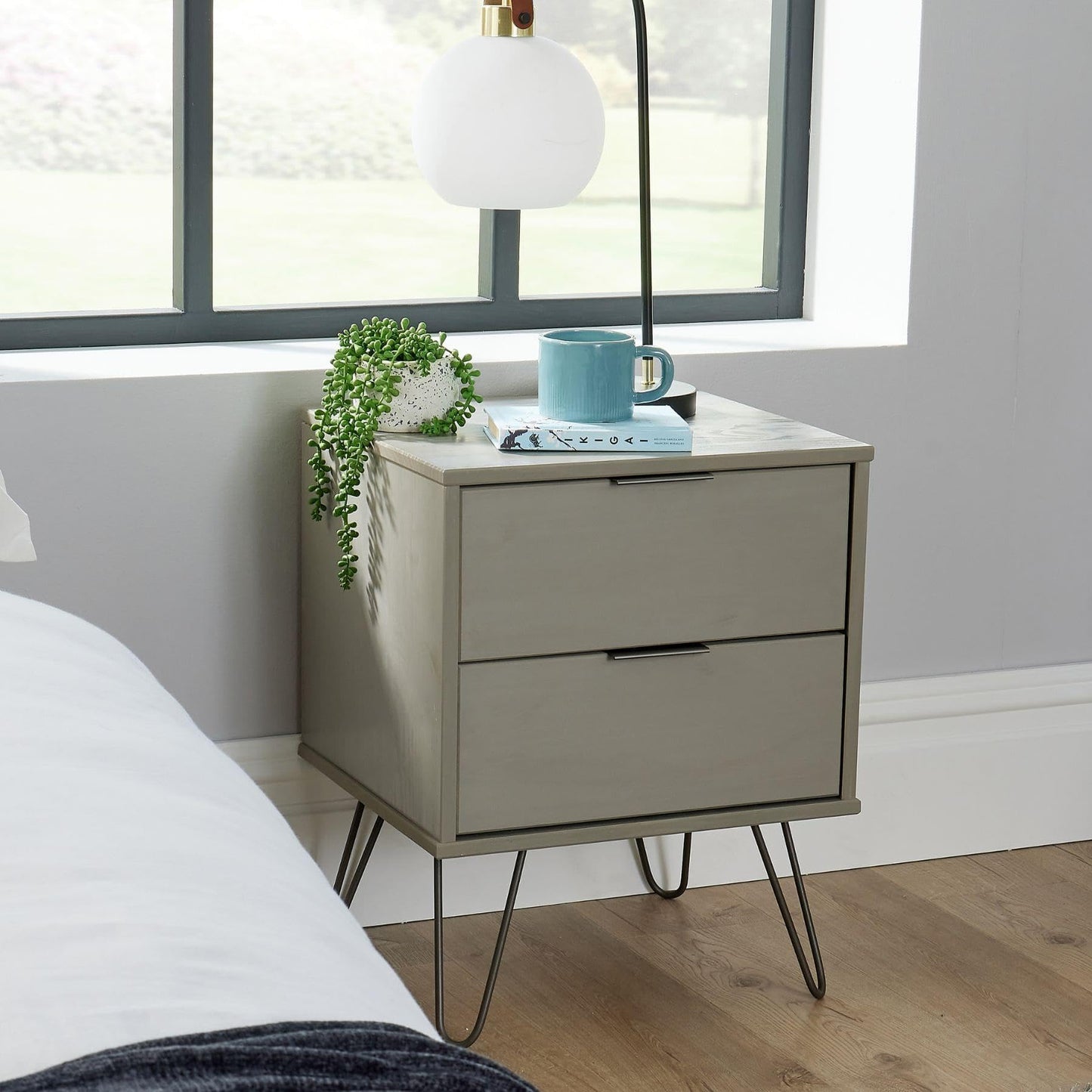 Home Source Acadia Bedside Cabinet Nightstand Industrial Wooden End Side Table Storage, Grey, 2 Drawer