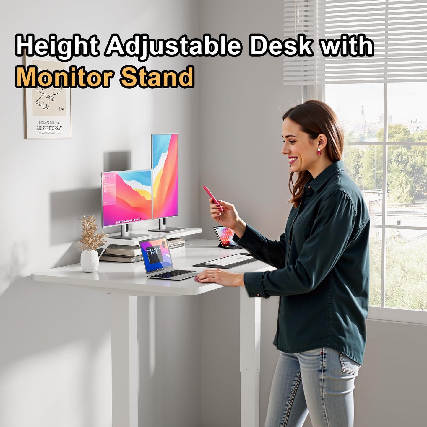 JUMMICO Electric Standing Desk with Monitor Stand, 140x60cm Height Adjustable Desk, Office Table with 2 Memory Smart Pannel,White