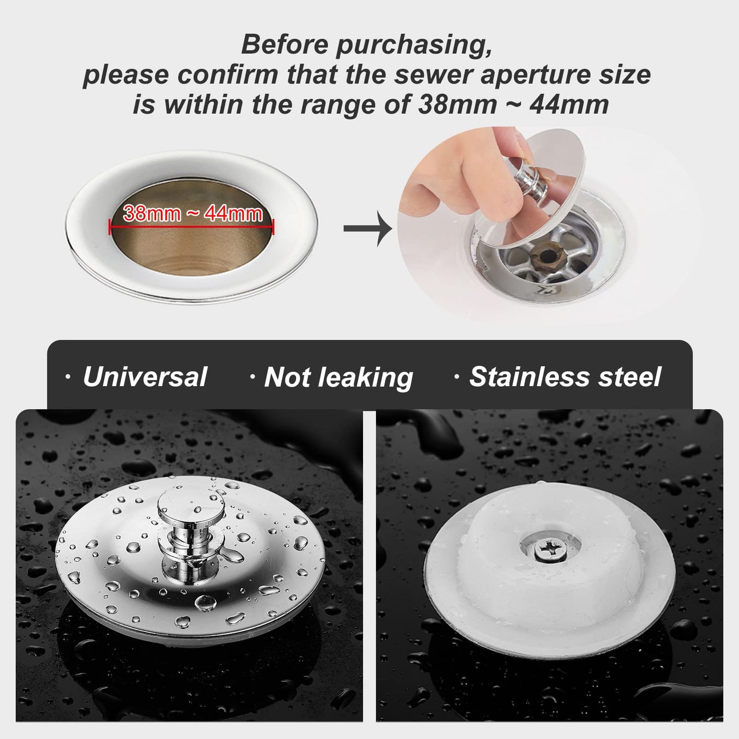 MAIXINNEW Bath Plug Replacement 45mm, Stainless Steel Drain Stopper, Universal Bathroom Plug Easy Grip for Bathtub Washbasin Kitchen Sink