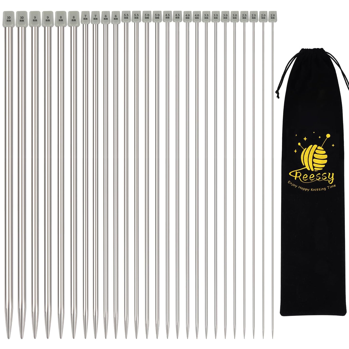 Reessy 26PCS/13Pairs Knitting Needles Set, 2 mm-10 mm Metal Single Pointed Needle, 35cm Long Knitting Needles, Straight Knitting Needle with Soft