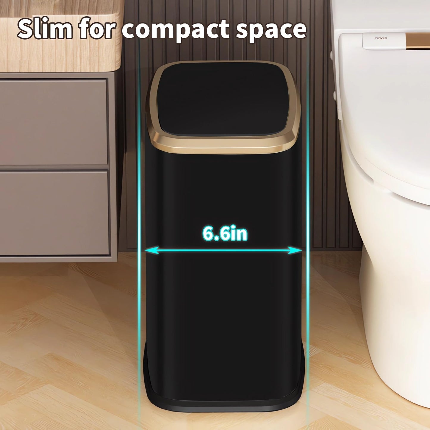 8L Small Bathroom Bin with Swing Lid,Slim Trash Bin for Bedroom,Black Gold
