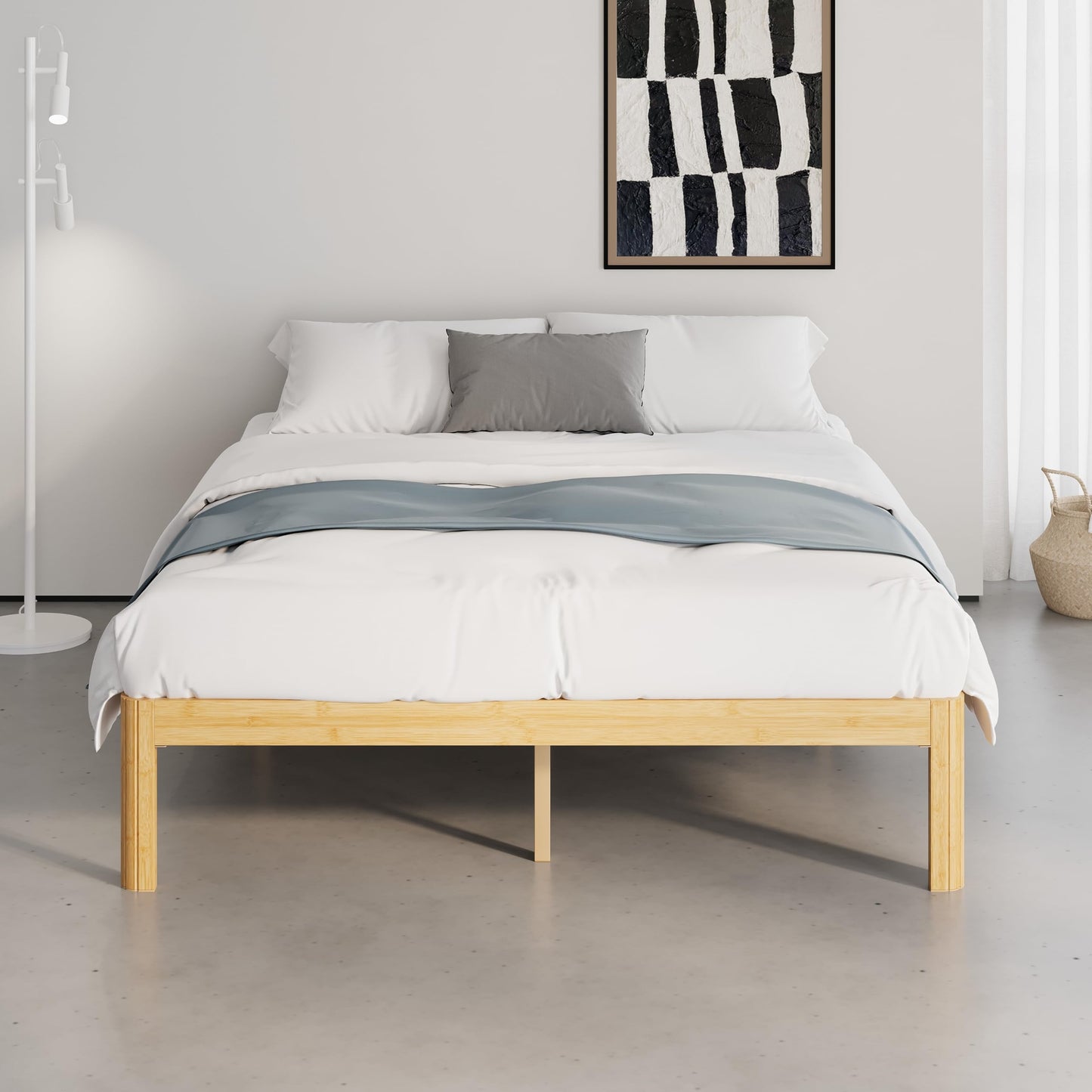 QFtime Bamboo Wood Double Bed Frame, Platform Bed Frame Double with Metal Slats Support, Easy to Install, Noise Free, Sturdy, 30.5 cm High