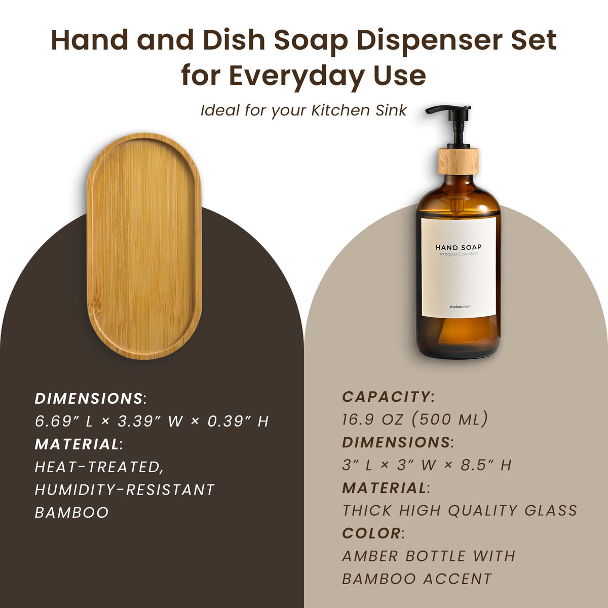 MaisoNovo Hand and Dish Soap Dispenser Kitchen Set of 2-500 ml Amber Glass Soap Dispenser Bottle with Pump Black Bamboo x 2