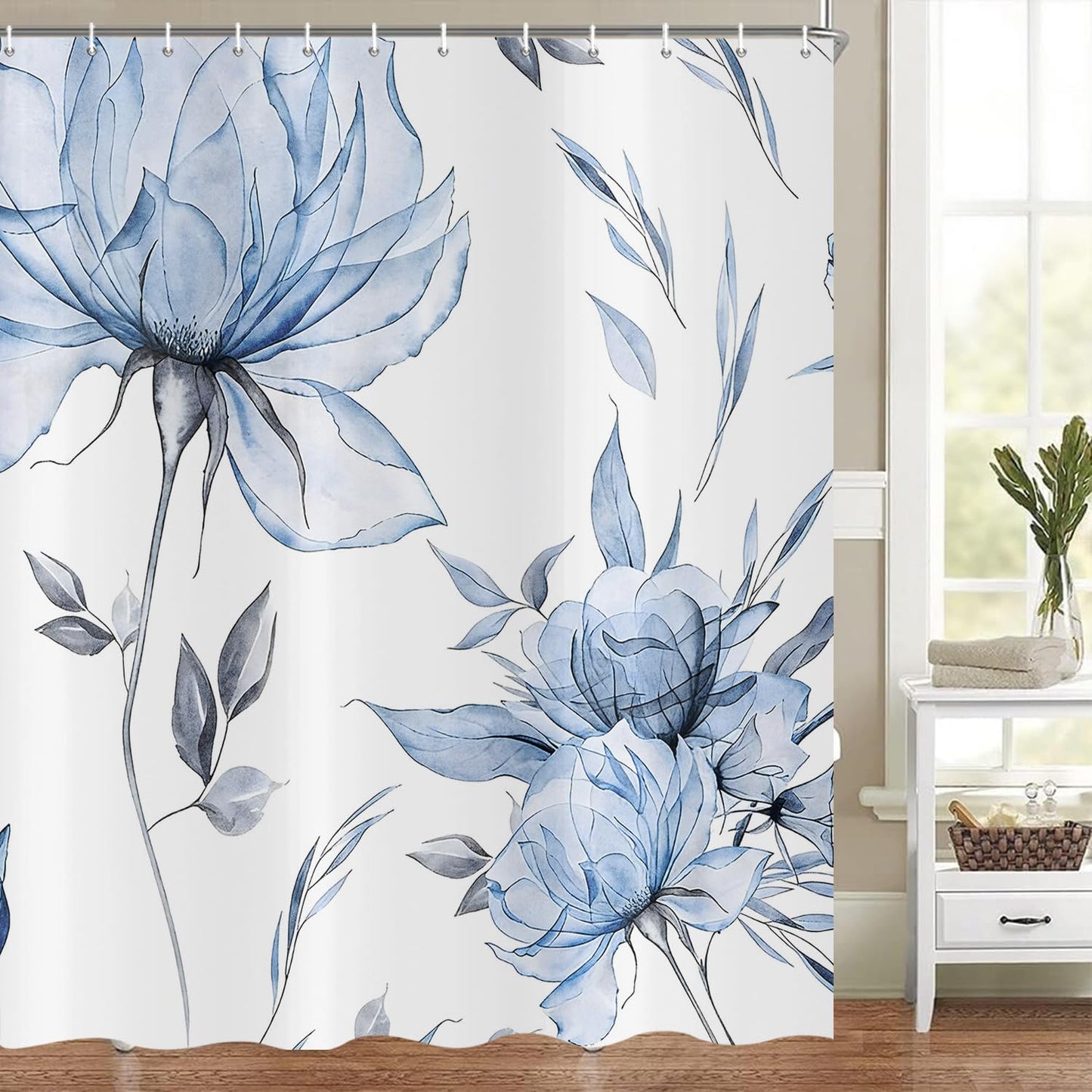 ASDCXZ Watercolor Floral Shower Curtain 180x200 cm, Ink Painting Style Blue Flowers Leaves Spring Plants Waterproof Bath Curtain Polyester Textile