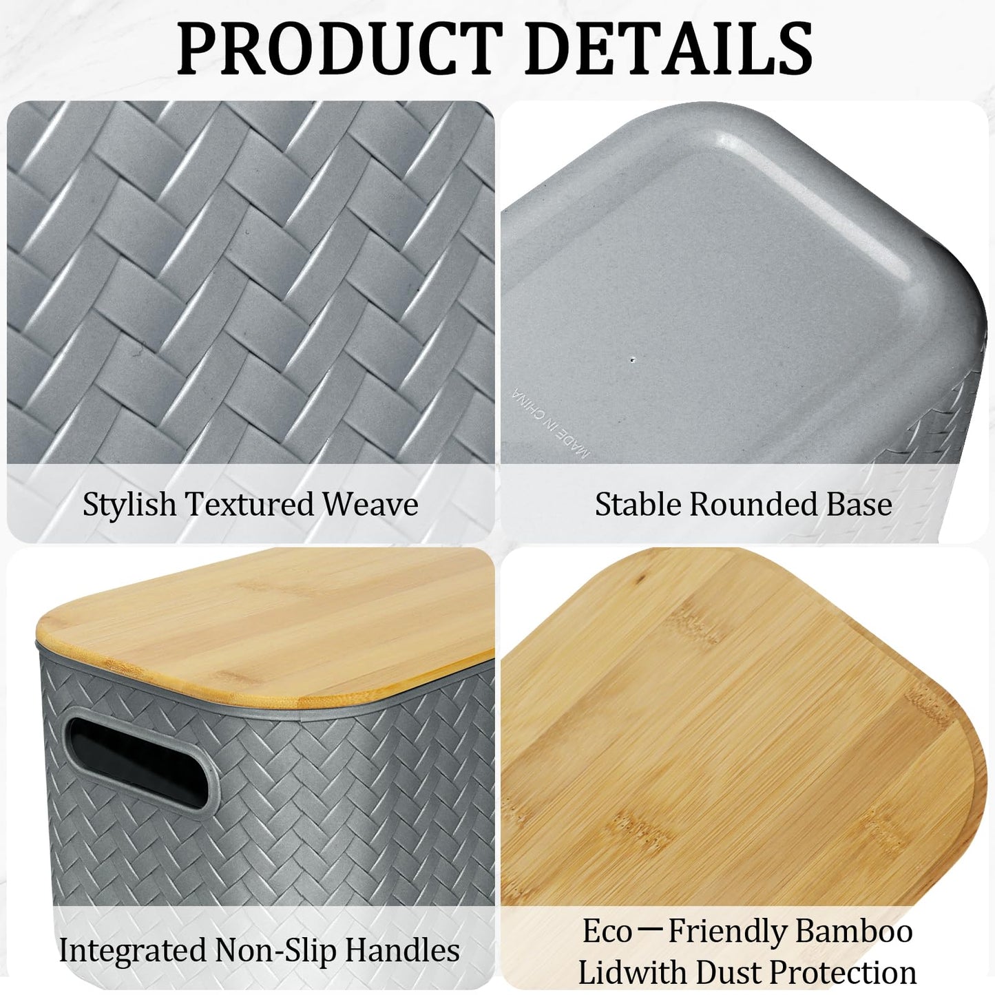 XJGQZ Plastic Storage Boxes with Wooden Lids, 4-Pack Stackable Organisers