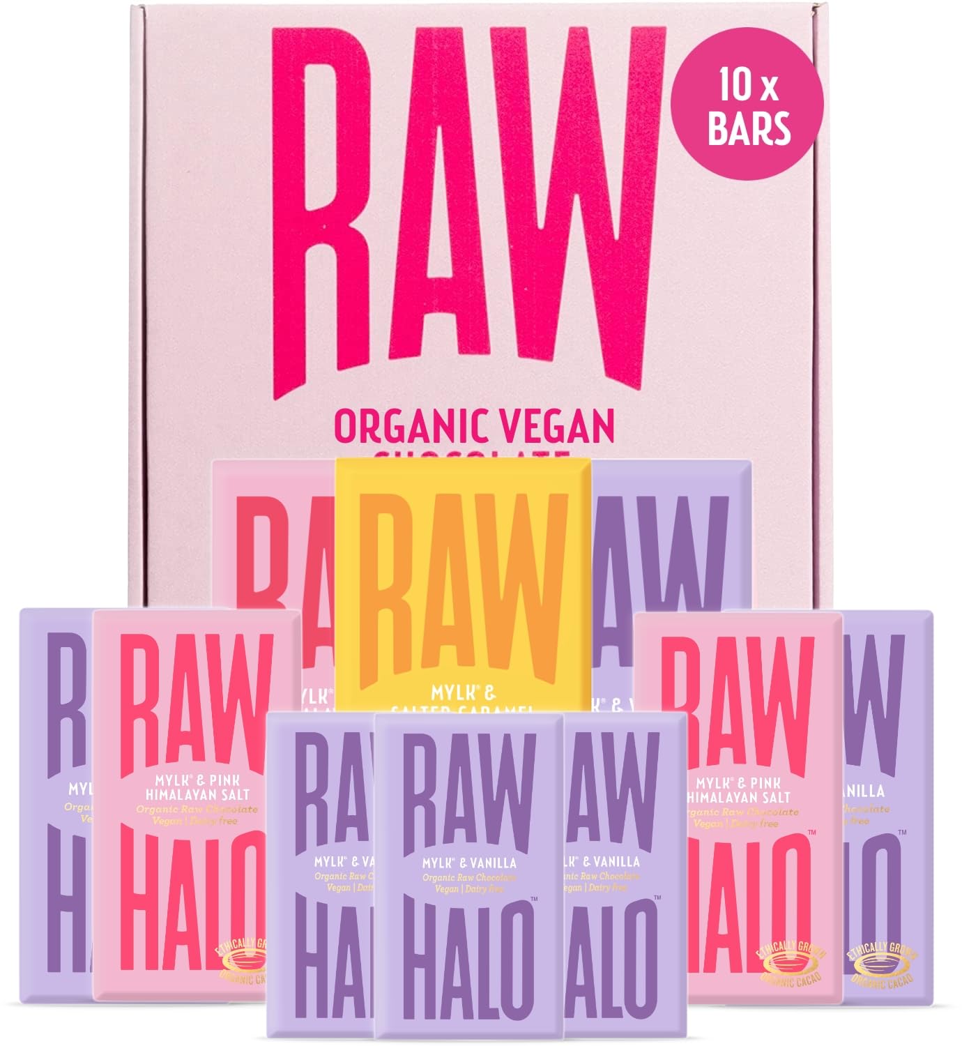 Vegan Chocolate Bar - Raw Halo - Mylk Collection Box - 10 Bars - Organic, Dairy & Gluten Free