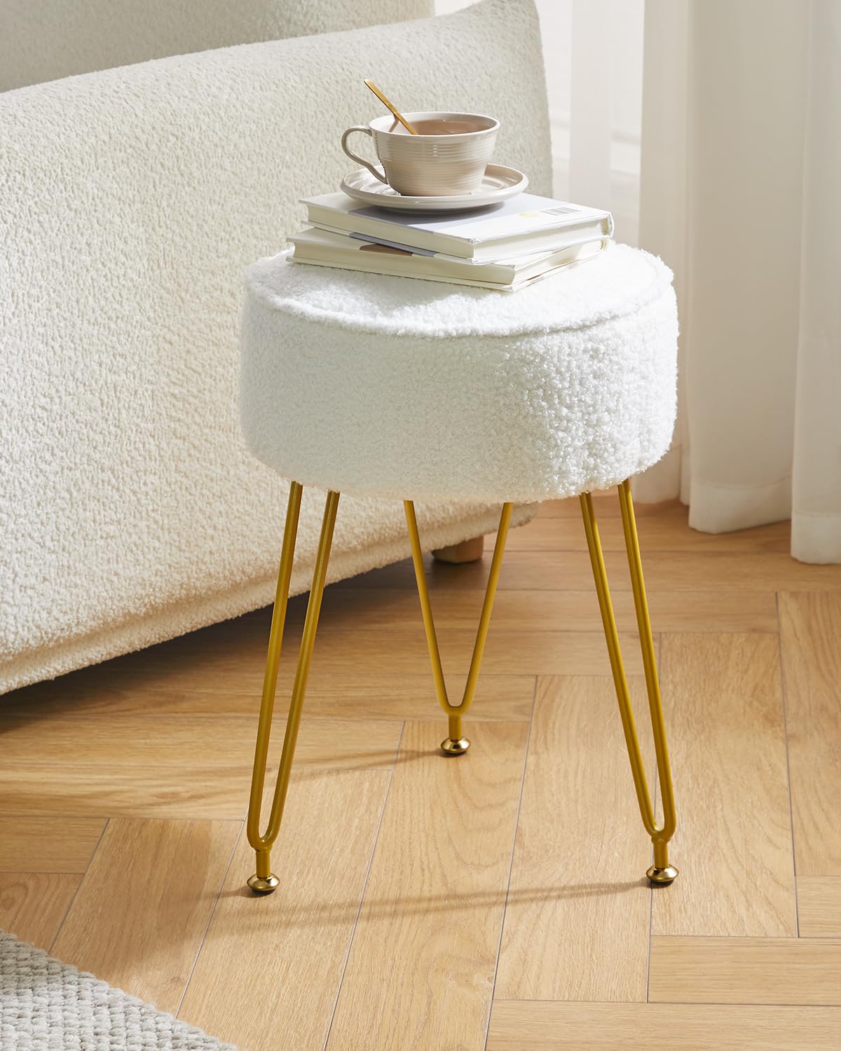 IBUYKE Makeup Vanity Stool Chair, Teddy Velvet Footrest, White WBD009W
