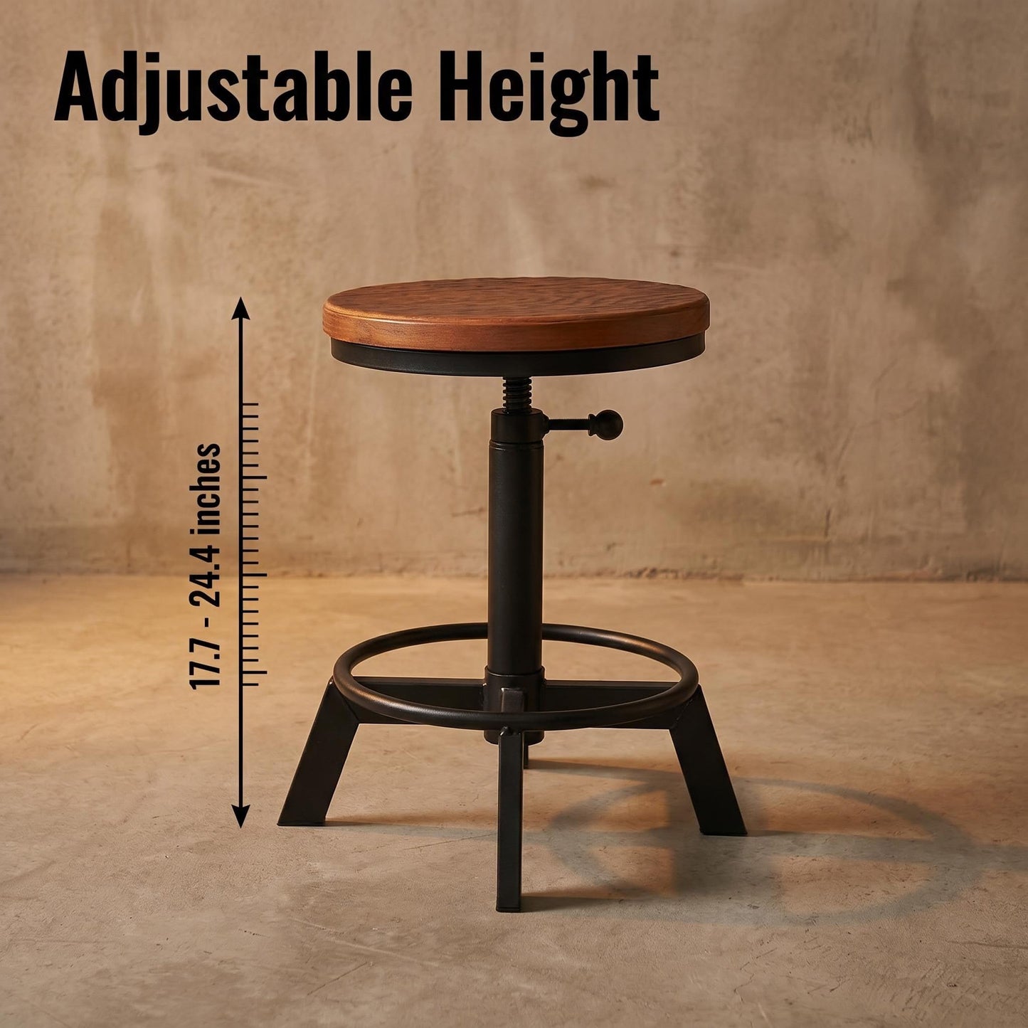 BOKKOLIK Set of 2-Industrial Bar Stool-Counter Height Chairs- Swivel Wooden Seat- Adjustable 17.7-24inch