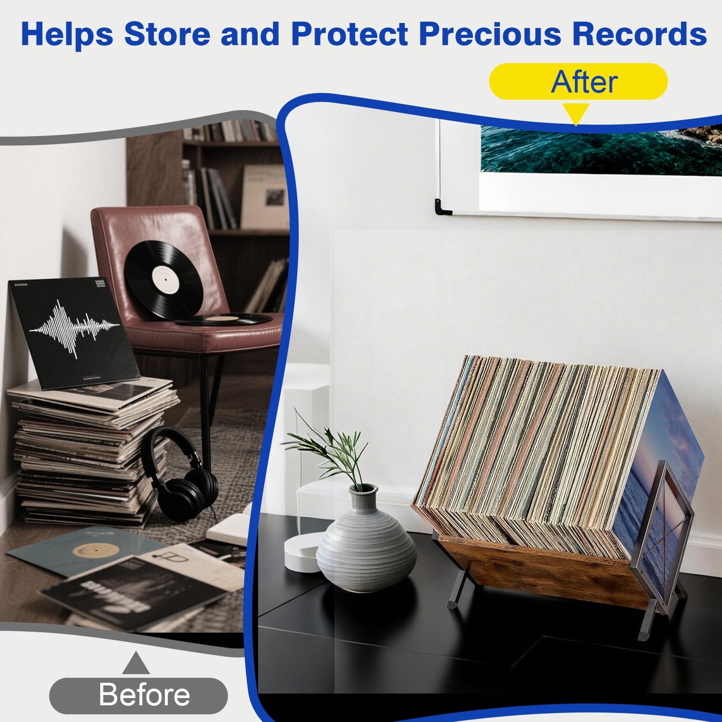 GHWMYD Vinyl Record Stand for 80-100 LPs, Metal Record Storage with Non-Slip Separator Clamp, Record Shelf Easy to Assemble