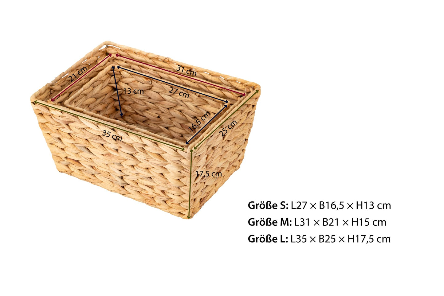 ECHTWERK Set of 3 Water Hyacinth Storage Baskets, Rectangular, Natural, Woven Baskets in S/M/L, Stackable for Bathroom, Office & Living Room