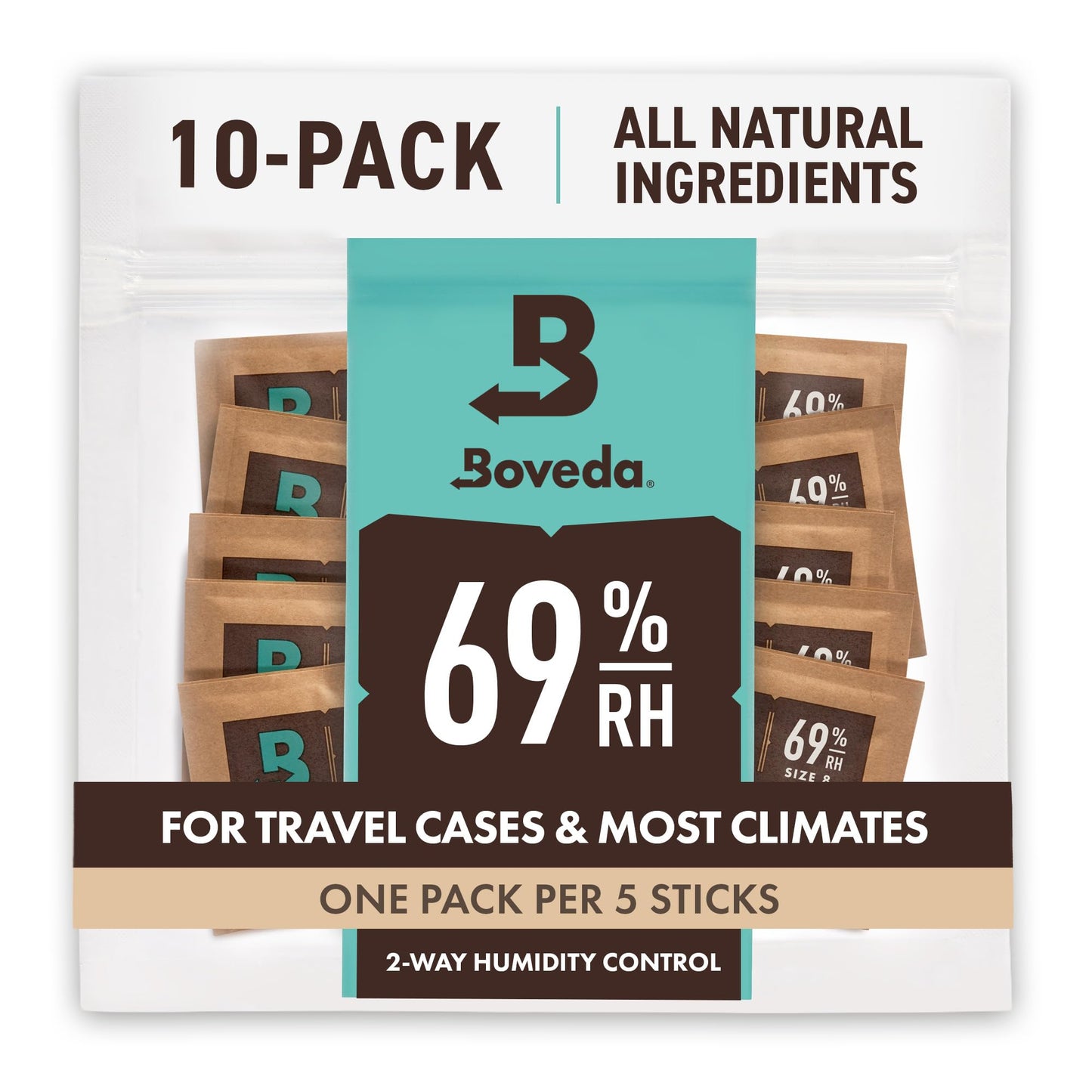 Boveda 69% Two-Way Humidity Control Packs For Storing Up to 5 Items ? Size 8 ? 10 Pack ? For Small Plastic Travel Cases & Bags ? Moisture Absorbers ?