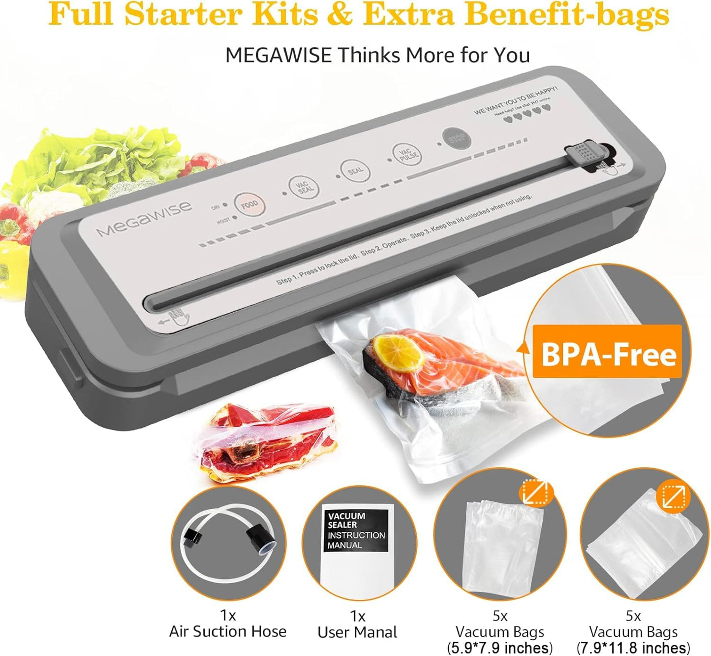 MEGAWISE Vacuum Sealer Machine, Portable Strong Suction Power Food Sealer, Bags and Cutter included with External Vacuum Function, Freshness