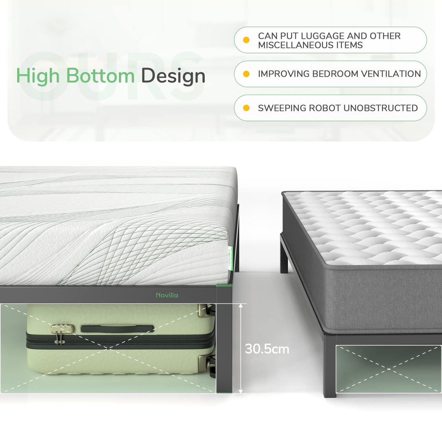 Novilla 30.5 cm Metal Bed Frame, 4FT Platform Bed Frame With Noise-cancelling Design, Engineered Wood Slat Support, Solid Support Leg, Easy Assembly