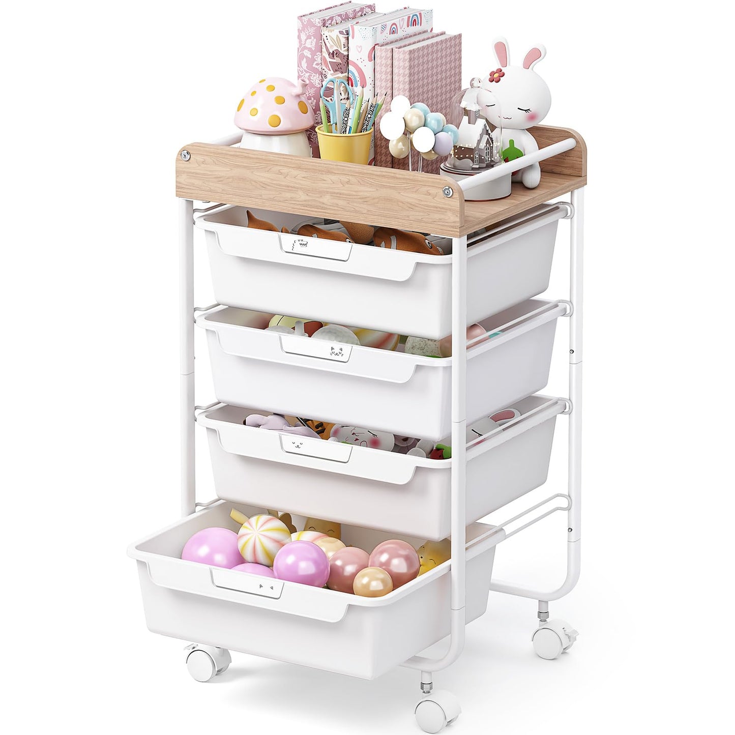 SYKIARIOL 4-Drawer Storage Trolley Rolling Cart, White
