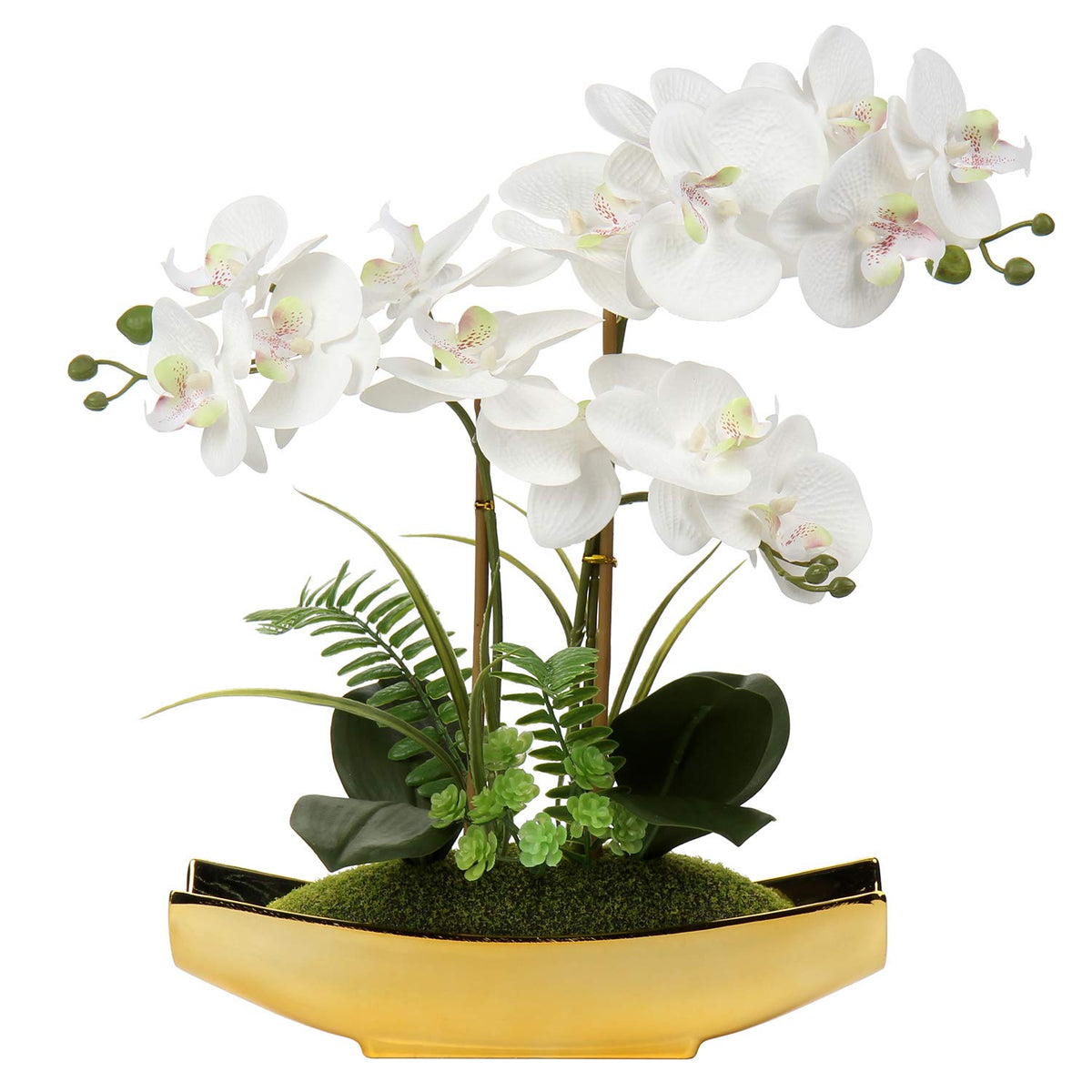 Briful 15" Artificial Phalaenopsis Flowers Arrangement Artificial Orchid Bonsai in Gold Pot Fake Flowers Silk Orchid Flower for Table Centerpieces