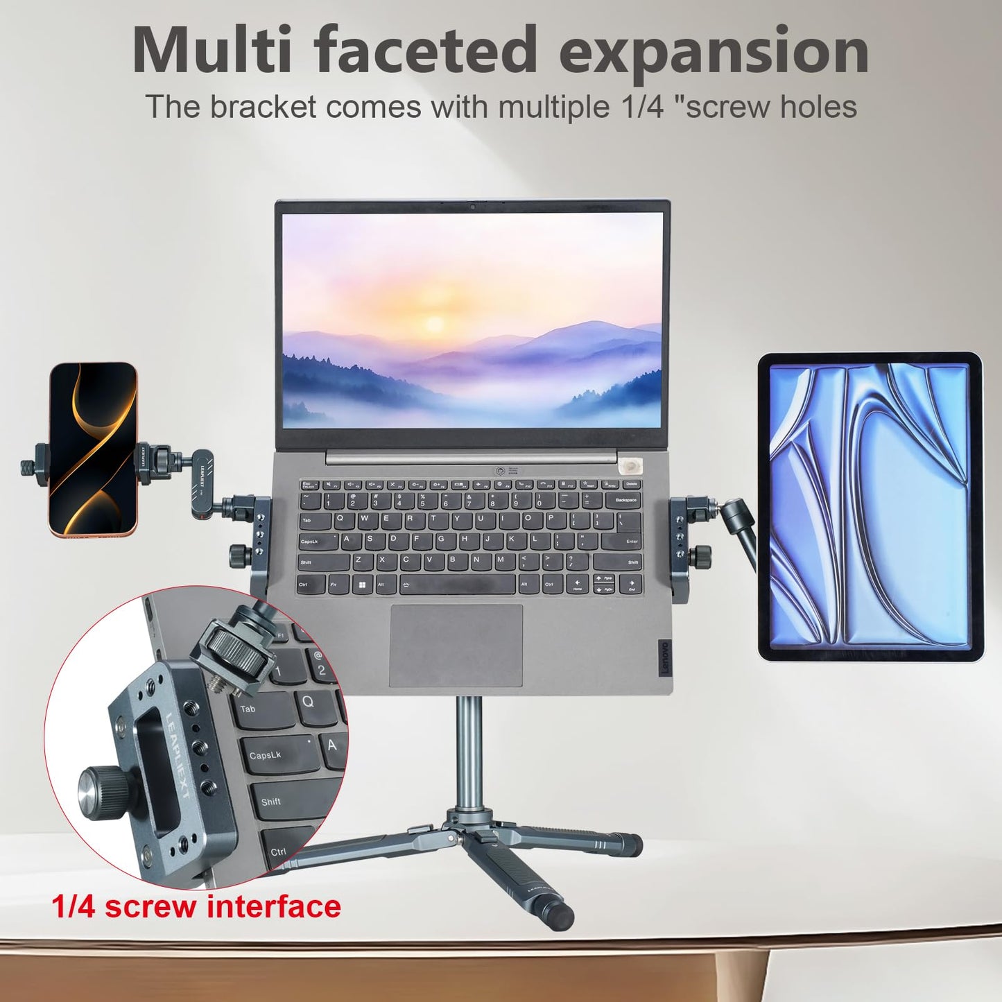 LEAPLIEXT Laptop Stand for Tripods, Aluminum Construction, 1/4" and 3/8 Ports, Arca-Swiss Quick Release System, Anti-Slip Heat Display, Studio Live