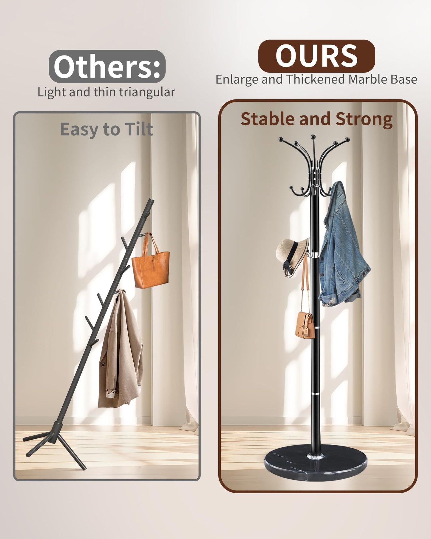 Snaikor Metal Coat Rack Stand with Natural Marble Base, Modern Coat Rack Freestanding, 360°Rotary Coat Racks with 14 Hooks