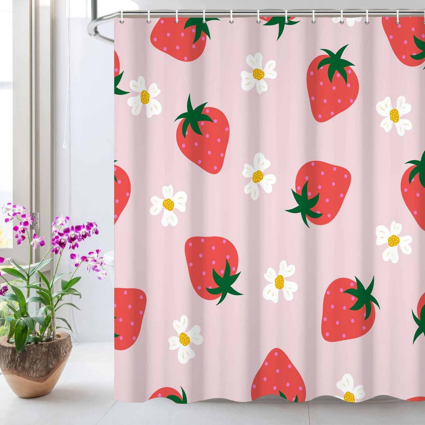 Inshere Cute Strawberry Shower Curtain for Bathroom with 12 Hooks, Pink Funny Strawberry Fruit Flower Shower Curtains Set for Bathroom Decor 72x72