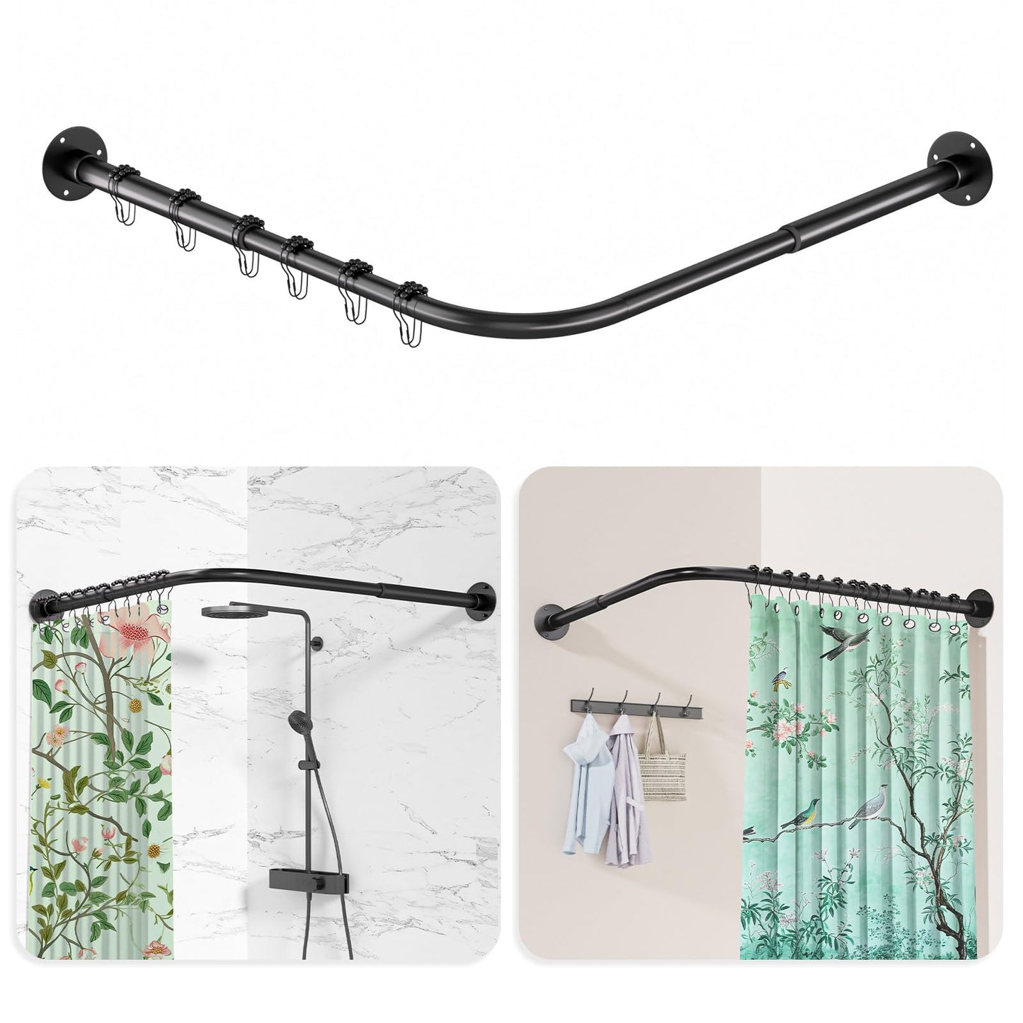 L Shaped Shower Curtain Rail, [60-90 cm] x [60-90 cm] Adjustable Corner Shower Curtain Rod, Wall Mounted Curved Shower Rail With 12 Rings & Ceiling