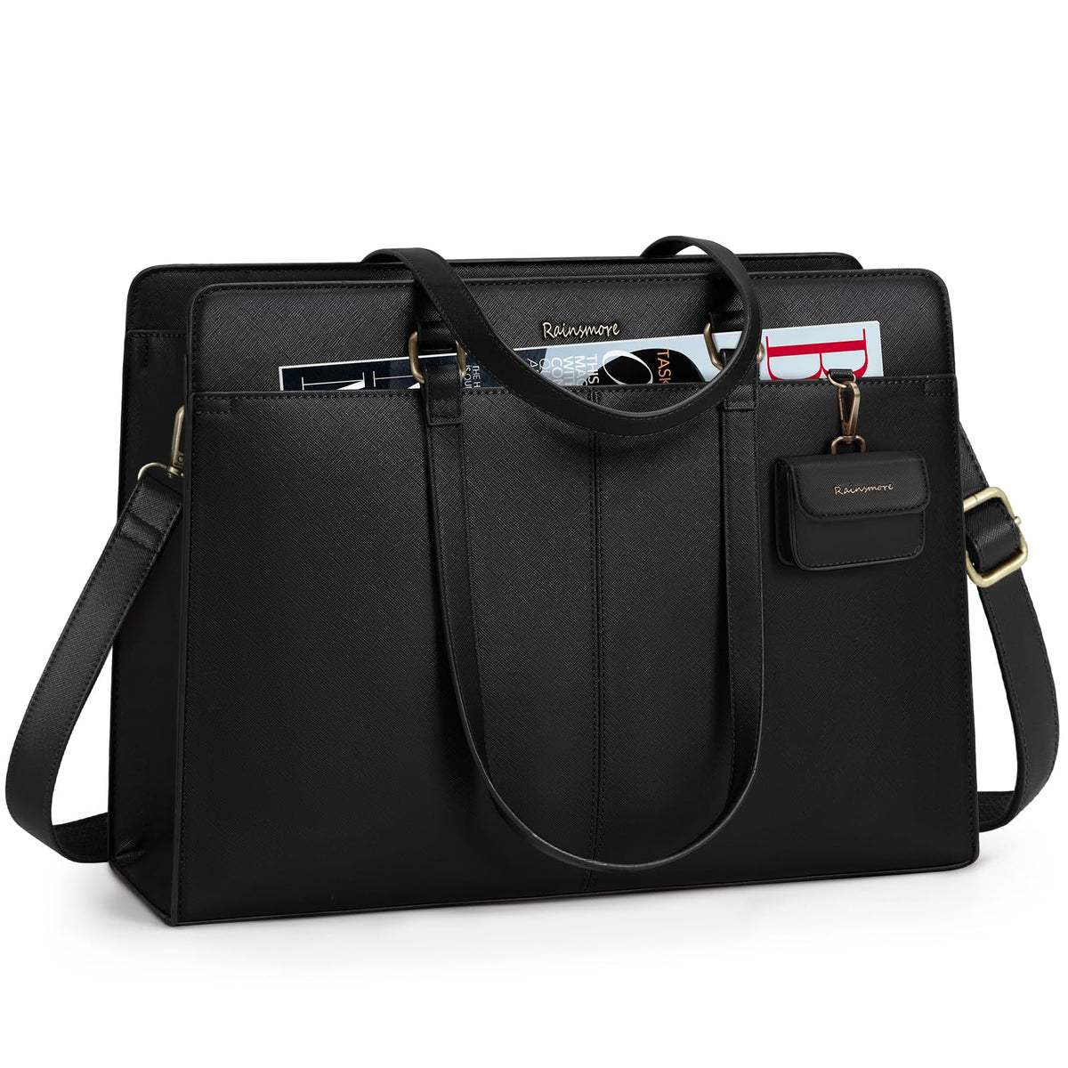RAINSMORE Laptop Bag for Women 15.6 Inch Work Tote Bags Waterproof PU Leather Handbag Shoulder Bags Business Office School Briefcase Black